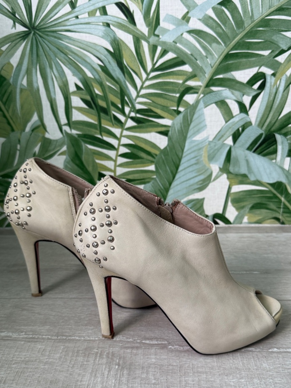Studded Cream Peep-Toe High Heel Booties